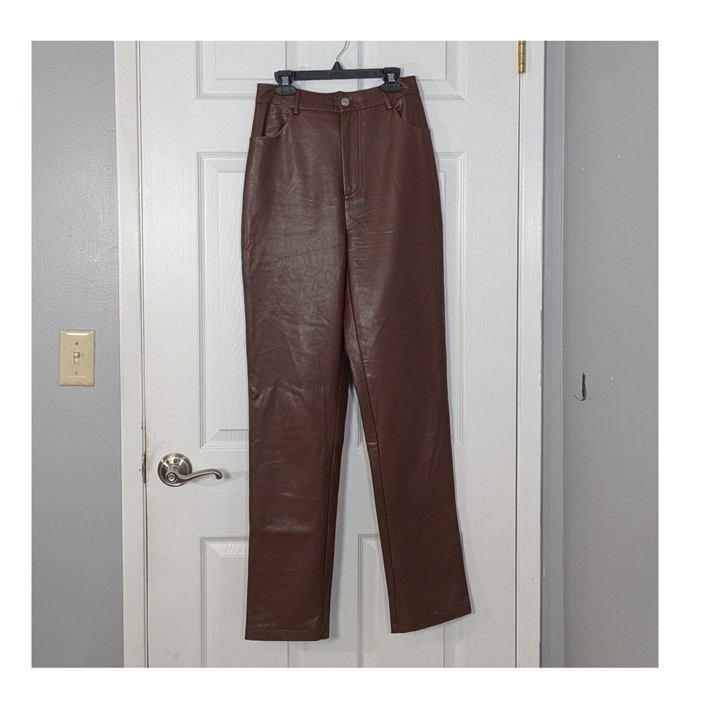 White Fox Boutique Chocolate Brown Faux Leather High Waist Straight Leg Pants Sm